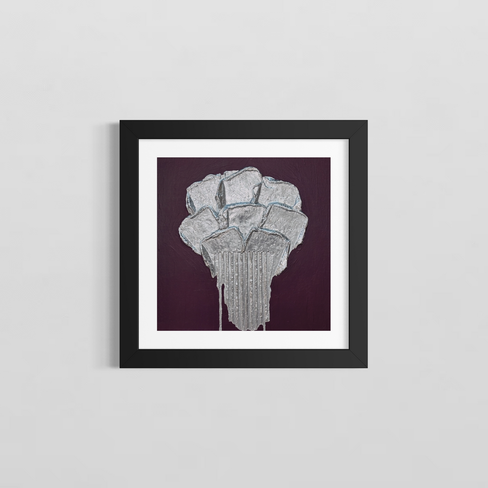 Lee in Cerulean, Botanic Chrome, joint compound and acrylic, 14 x 14 inches, shown in a black frame with a white mat on a light grey wall. A silver flower-like form of layered petal shapes on a vertically ribbed stem with drips at the base, on a dark plum background.