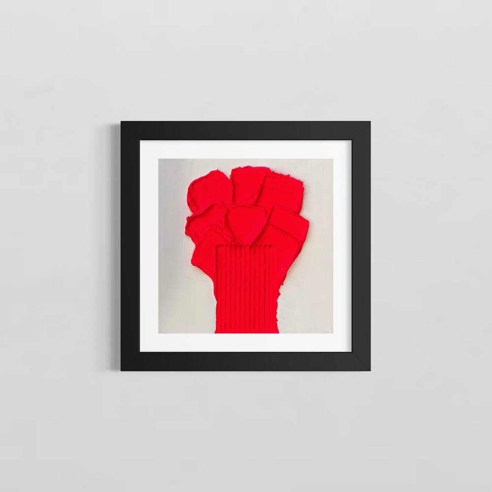 Lee in Cerulean, Botanic Rose, joint compound and acrylic, 14 x 14 inches, shown in a black frame with a white mat on a light grey wall. A pinkish-red flower-like form of layered petal shapes on a vertically ribbed stem, on a white background.