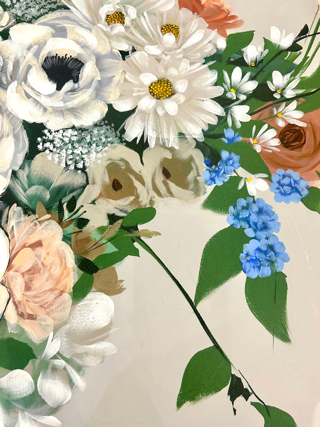  48"W x 36"H Acrylic portrait on canvas. Woman with the upper half of her face and hair covered in white, blue and terracotta flowers. 