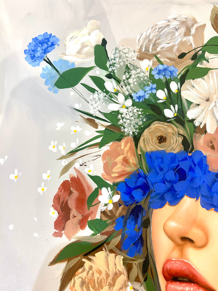 48"W x 36"H Acrylic portrait on canvas. Woman with the upper half of her face and hair covered in white, blue and terracotta flowers. 