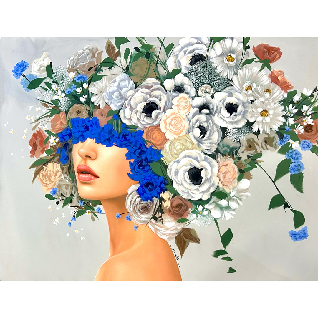  48"W x 36"H Acrylic portrait on canvas. Woman with the upper half of her face and hair covered in white, blue and terracotta flowers. 