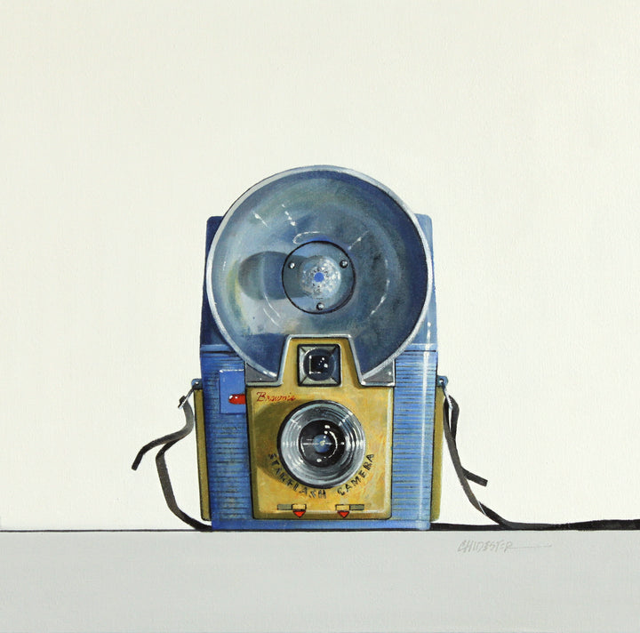 Realistic painting of a vintage Brownie Starflash camera. 16"X16" oil on canvas. Minimalist off white and grey background.