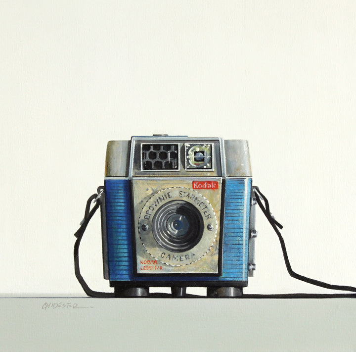 Realistic painting of a vintage Brownie Starmeter camera. 16"X16" oil on canvas. Minimalist off white and grey background.