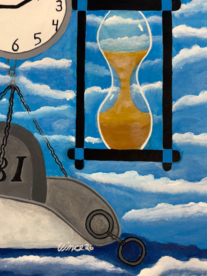 two hourglasses on either side of clock holding scale and grave stone DBI in acrylic