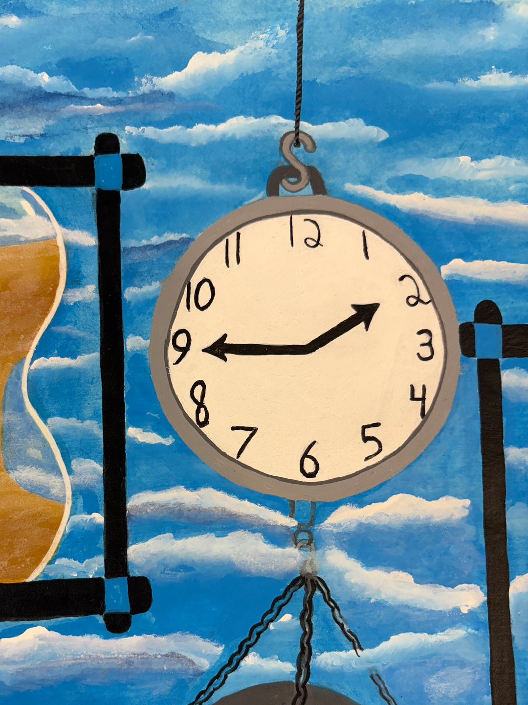 two hourglasses on either side of clock holding scale and grave stone DBI in acrylic