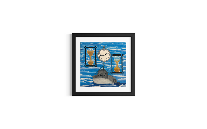 two hourglasses on either side of clock holding scale and grave stone DBI in acrylic