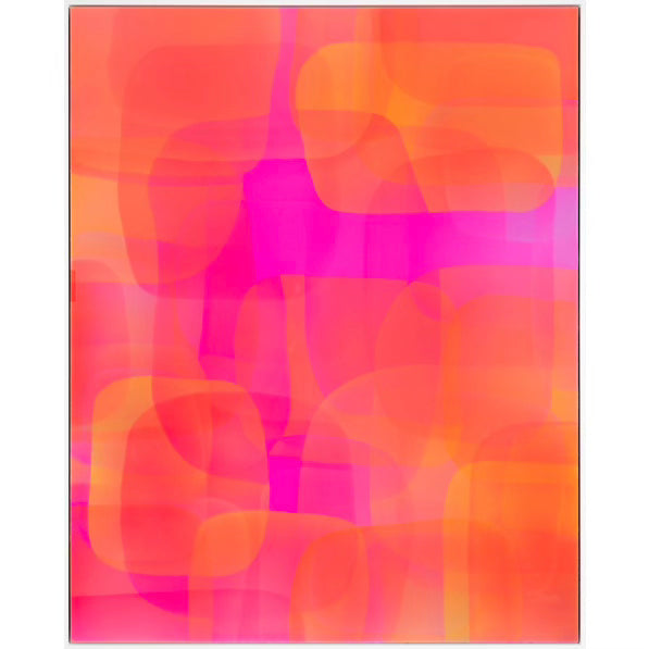 Geometric Abstract layering of transparent resin colors of red orange with pink in organic rectangular square shapes overlapping 