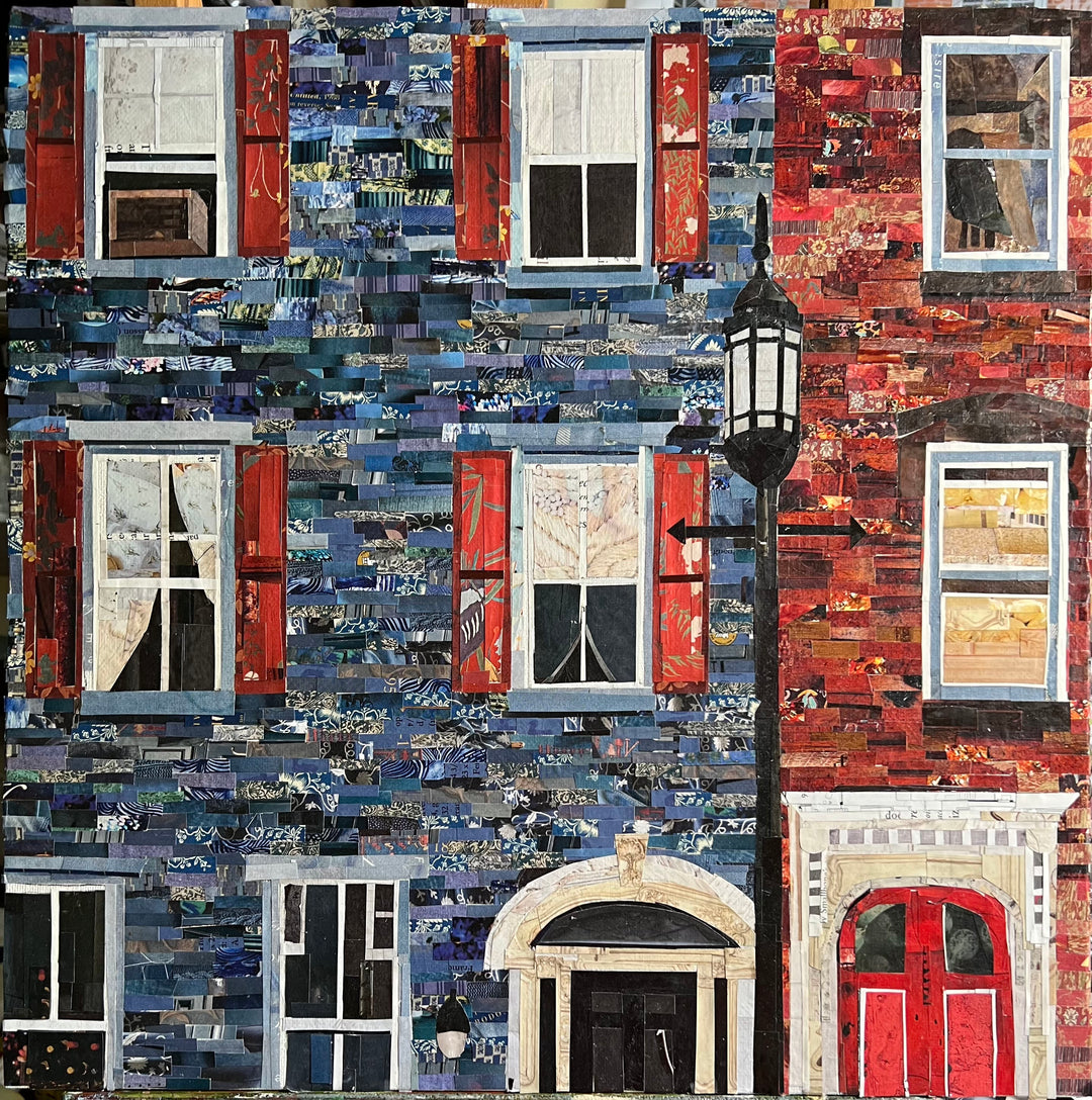 14 x 14" original artwork in a 17" white window matting collage of blue and red Philly brick homes. 