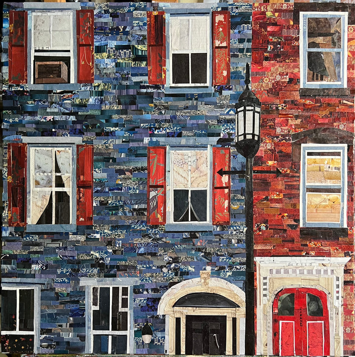 14 x 14" original artwork in a 17" white window matting collage of blue and red Philly brick homes. 