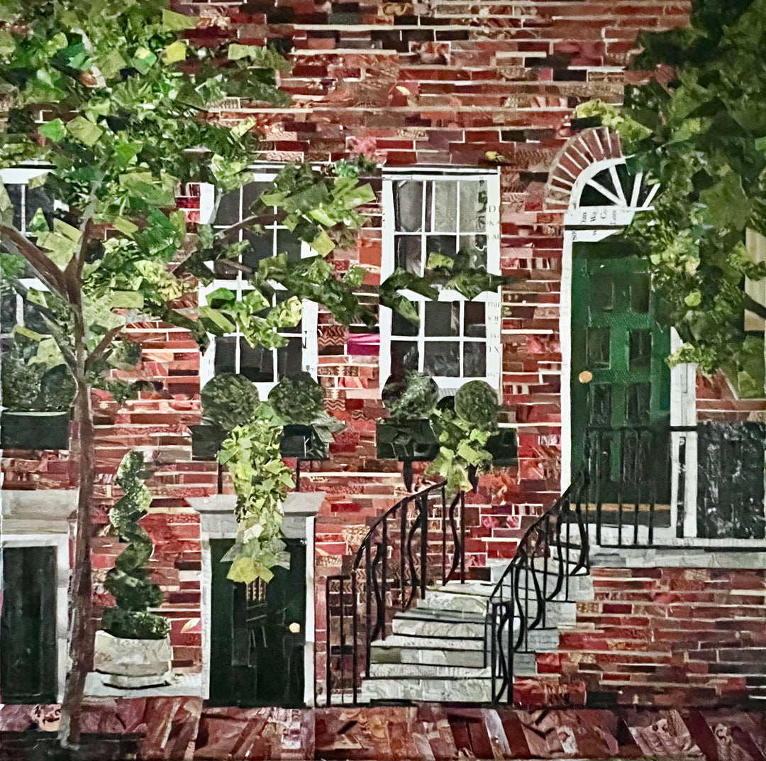 14 x 14" original artwork in a 17" white window matting collage of a red brick home on a Philly street. 