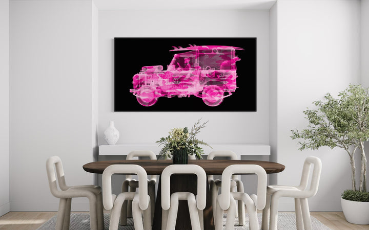 Framed Chromaluxe x-ray photograph by Nick Veasey of a landrover in hot pink camo, with a surf board and dog