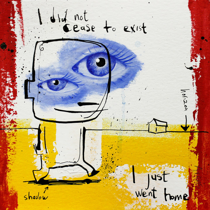doodle figure with large photorealistic eyes walking on a yellow ground, with a doodle of a house in the background by jan-hein arens