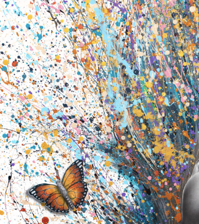 Figurative surrealism expressionism figure woman splatter hair in pastel colors opening book with butterflies on white background