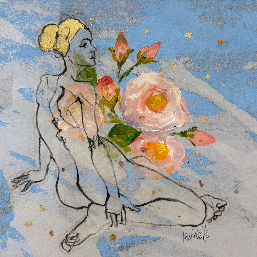 back view of a female nude in charcoal and gold leaf on blue decorative paper with painted pink roses.