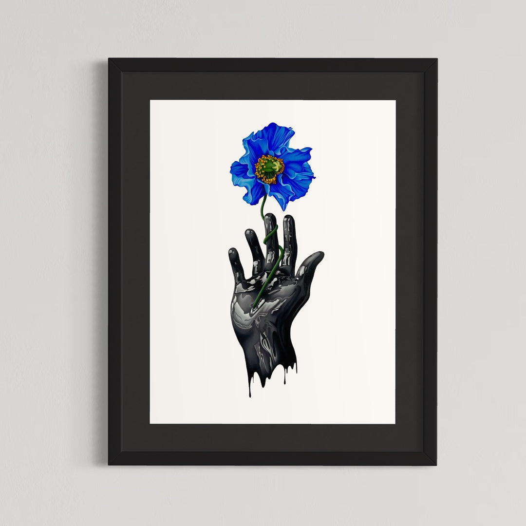 A dripping black hand holds out a vibrant blue poppy flower on a stark white background. The drips on the hand look like black oil, and the flower looks like it's growing out of the hand. Hyper realism meets surrealism, hand drawn in pencil. 
