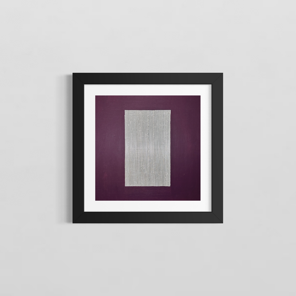 Lee in Cerulean, Chrome Door, joint compound, liquid leaf and acrylic, 14 x 14 inches, shown in a black frame with a white mat on a light grey wall. A tall silver rectangle of vertical raised lines centered on a deep purple background.