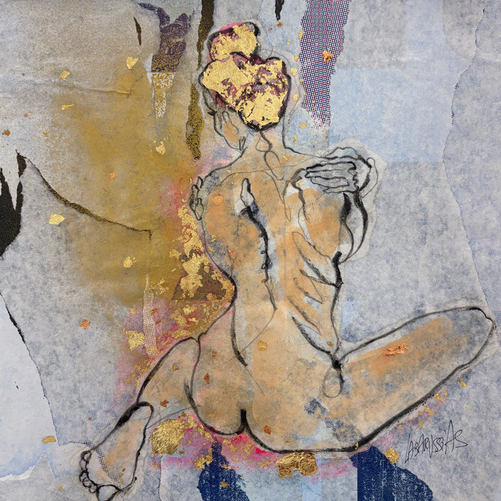 back view of a female nude in charcoal and golad leaf on blue advertising paper
