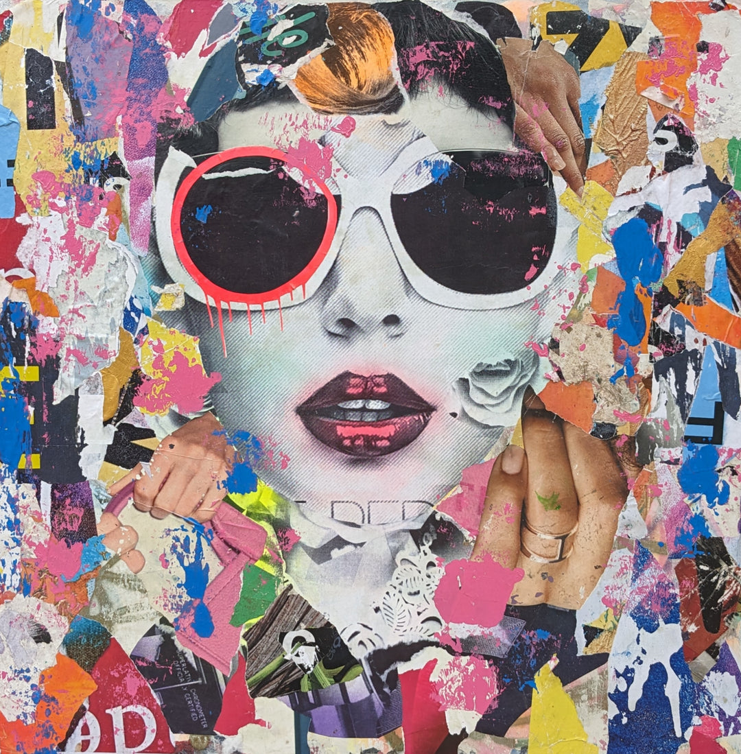 48" x 48" Acrylic paint, spray paint, wheat-paste, vintage advertisements, printed fragments on canvas. Woman's face surrounded by paper fragments with DAIN's signature circle over her left eye. 
