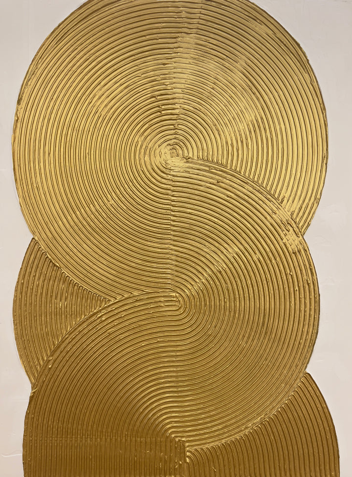 Continuity by Lee in Cerulean. Textured and geometric painting of overlapping gold circles on a white background.