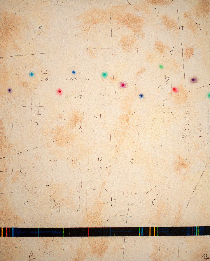 pigmented volcanic rock on canvas in beige tone with dots of color blue red purple green and static line across bottom abstract minimal textured painting