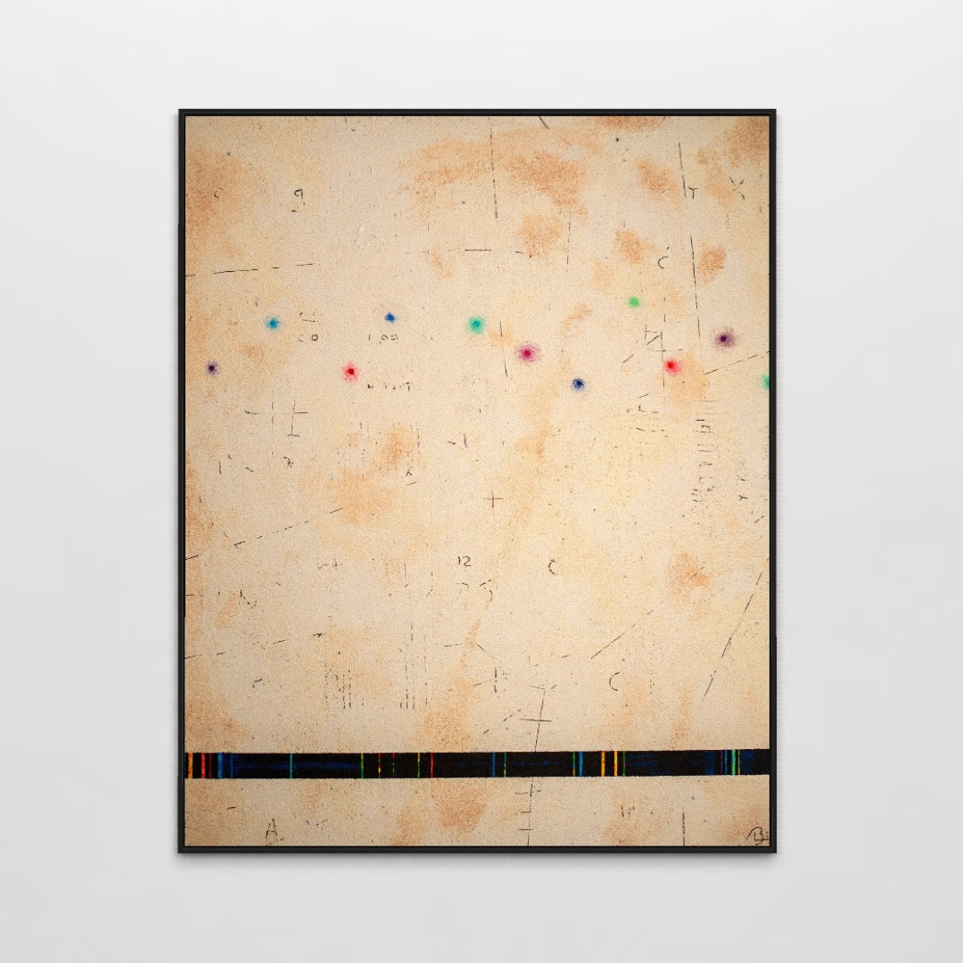 pigmented volcanic rock on canvas in beige tone with dots of color blue red purple green and static line across bottom abstract minimal textured painting