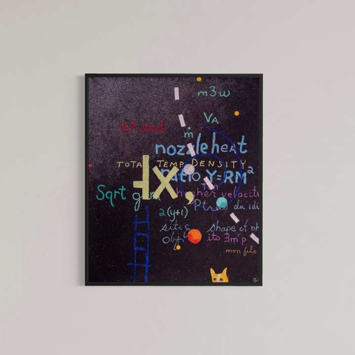 Bob Landstrom, Counter Gravitation, pigmented volcanic rock and acrylic on canvas, 72 x 60 inches. Black background covered with handwritten words and equations in blue, red, white, and yellow lettering, a large beige "IX" mark, a blue ladder, an orange dot, and a small yellow cat face, shown in a black frame on a light gray wall.