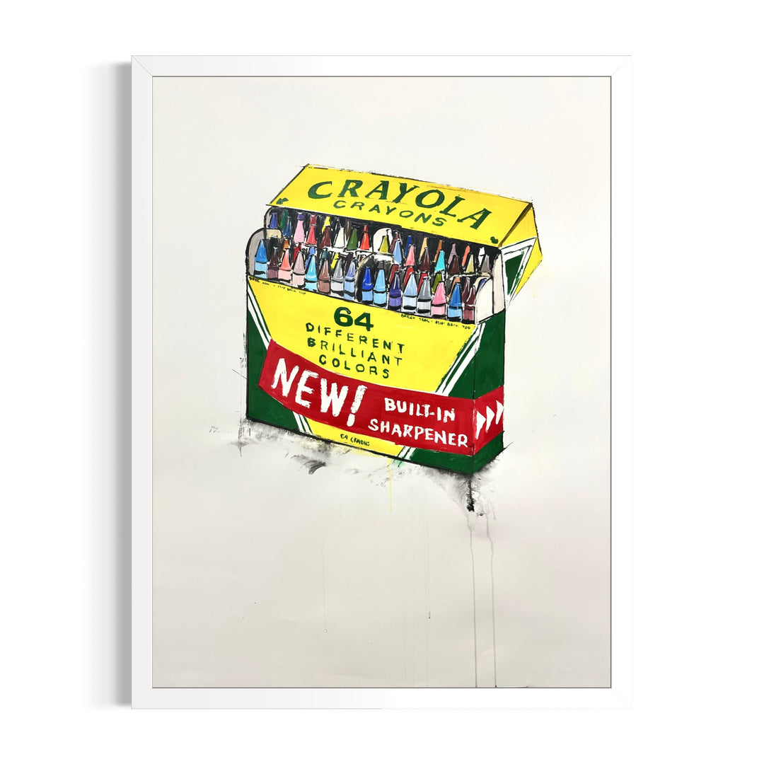 Crayola 64 retro crayon box drawing doodle illustration art on white background dripping black paint