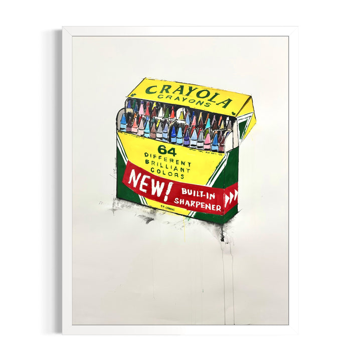Crayola 64 retro crayon box drawing doodle illustration art on white background dripping black paint