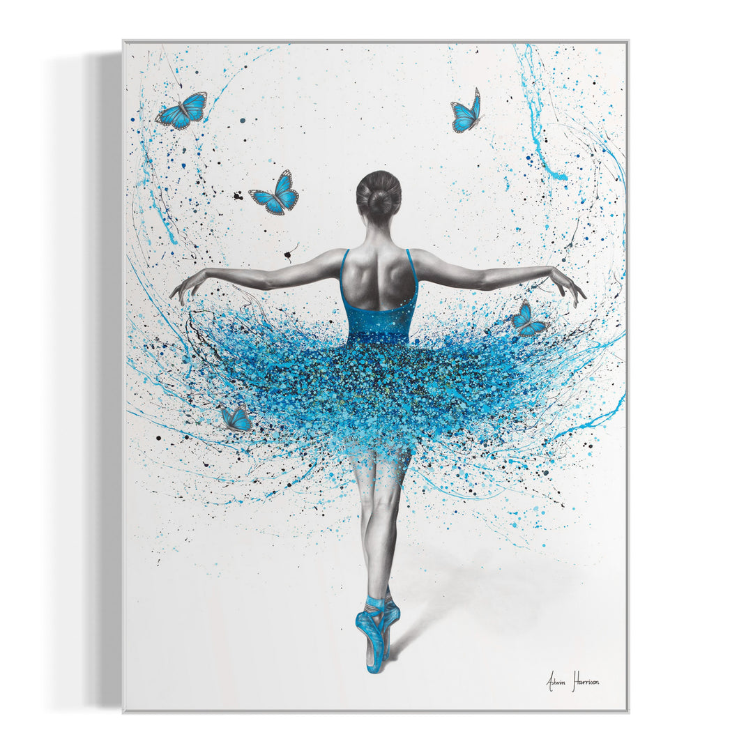 ballerina woman posing from back on tip toes and arms spread, black and white figure with blue splatter paint tutu dress and blue butterflies on white background