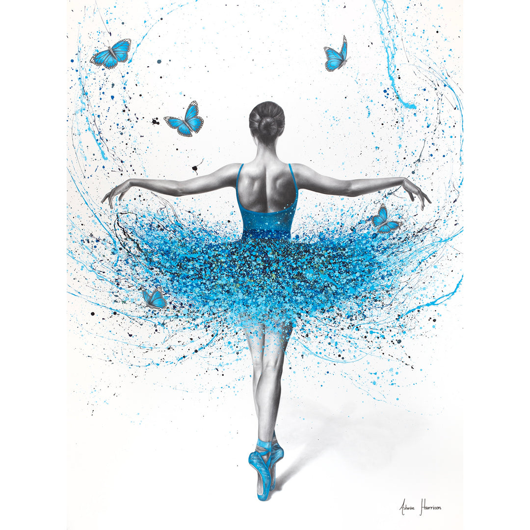 ballerina woman posing from back on tip toes and arms spread, black and white figure with blue splatter paint tutu dress and blue butterflies on white background