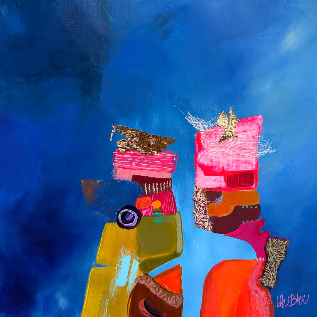 Lau Blou, Cueilleurs de fruits, acrylic paint, fabric, and gold leaf on canvas, 10 x 10 inches. Two vertical figure-like forms built from blocks in pink, olive, orange, and light blue, topped with copper and gold leaf pieces, set against a deep blue background.