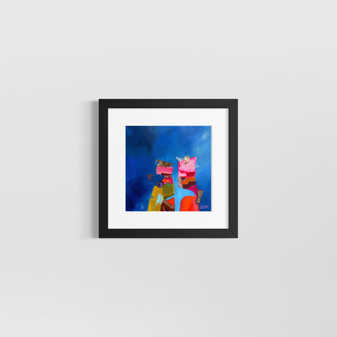 Lau Blou, Cueilleurs de fruits, acrylic paint, fabric, and gold leaf on canvas, 10 x 10 inches, shown in a white 12 x 12 inch mat and black frame on a light grey wall. Abstract painting of two figure-like forms in pink and orange on blue.
