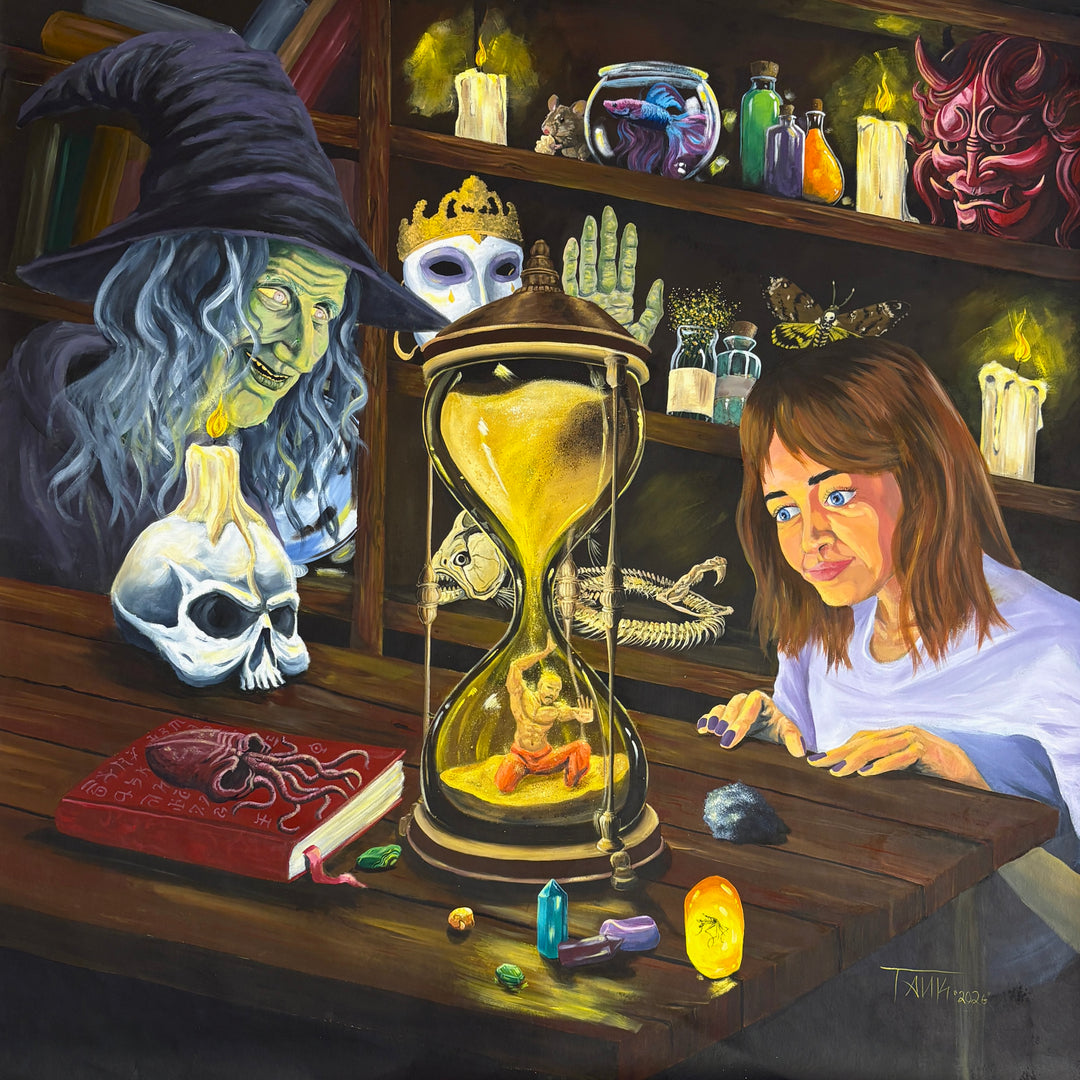 Surreal illustrative figures girl and witch with hourglass person inside wood bottles masks figures gems and crystals in acrylic