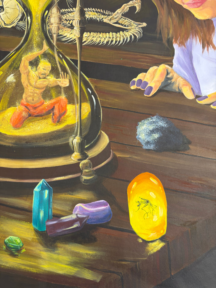 Surreal illustrative figures girl and witch with hourglass person inside wood bottles masks figures gems and crystals in acrylic