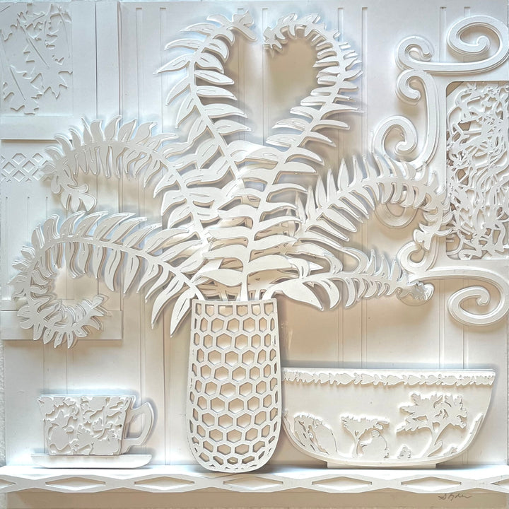 14"x14" layered white paper forming a vase with a fern over a wall.  