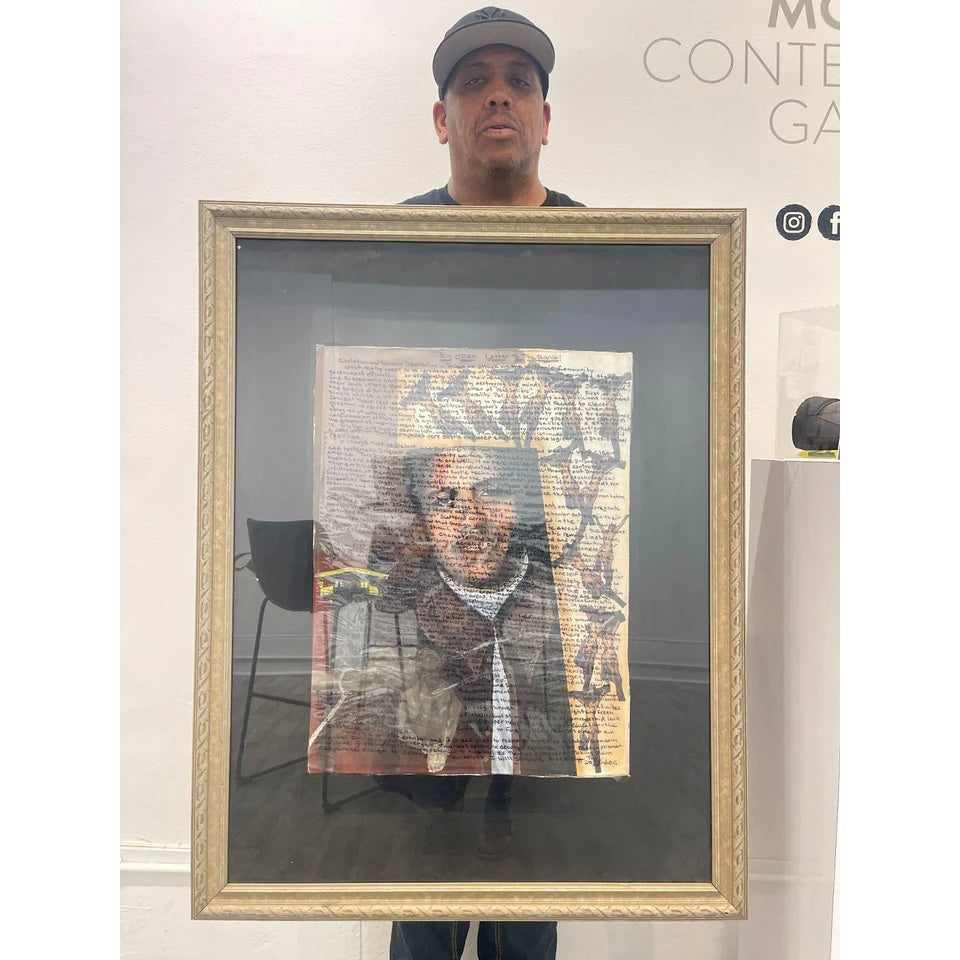 artist suave gonzales first piece of art made in prison with portrait, writing, plastic, mixed media