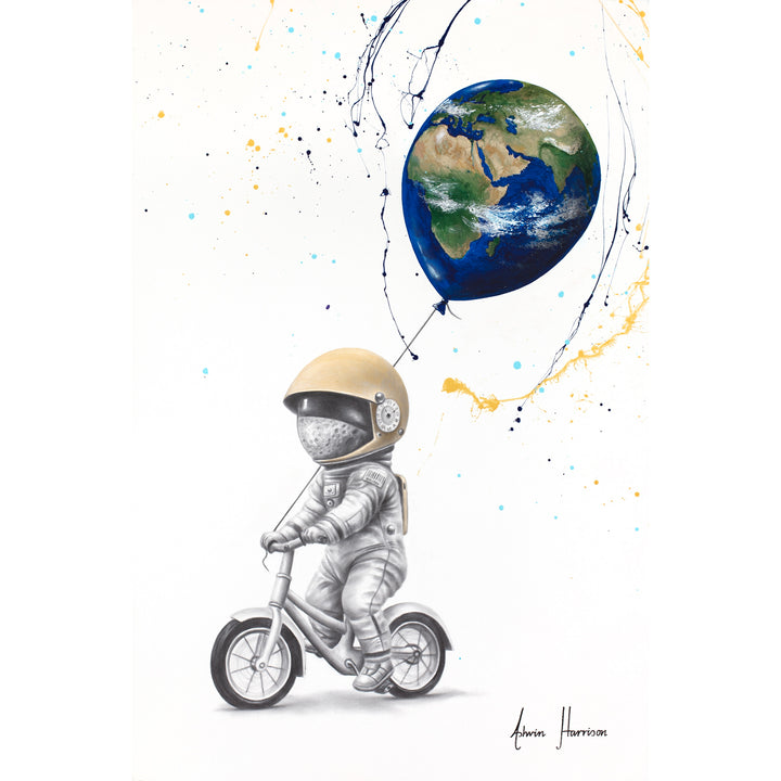 small black and white astronaut figure boy on bicycle gold helmet, holding onto balloon shaped and colored as earth with paint splatters surrounding on white background