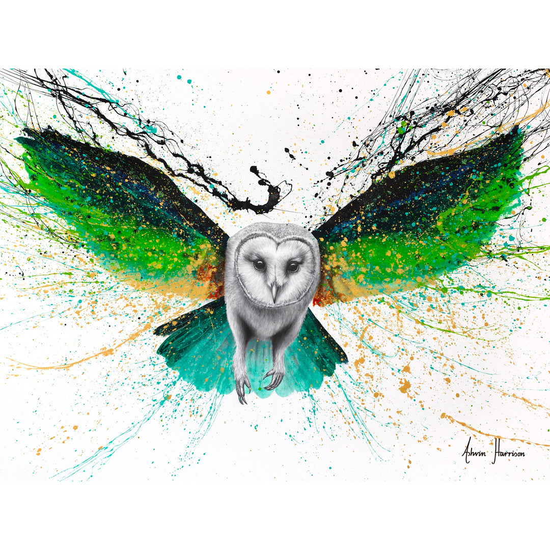 large owl flying wings spread across composition green teal blue feathers with paint splatter surrounding on white background