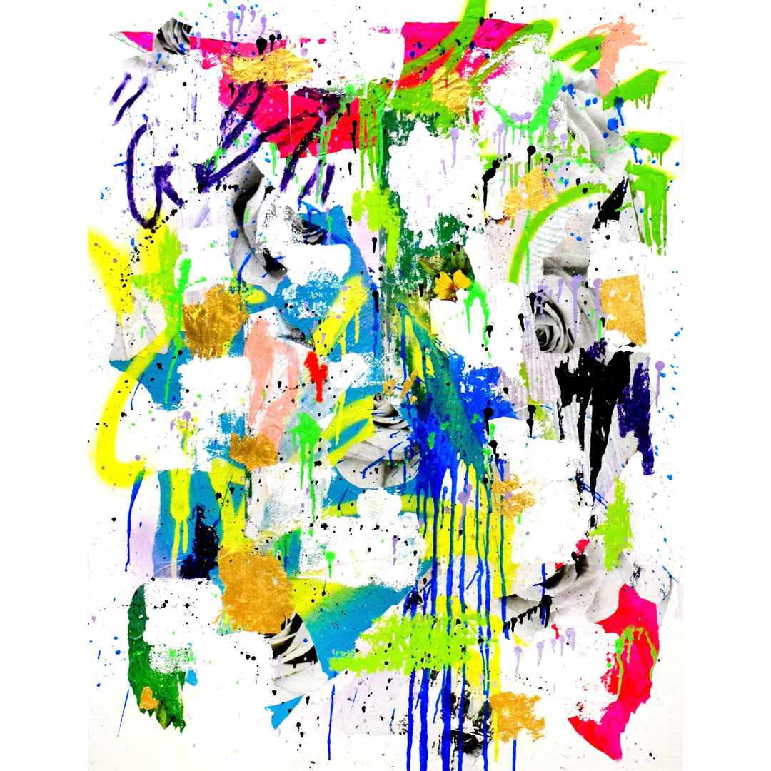 abstract expressionist collage of photography, paint color and black and white paint splatter bright on white background