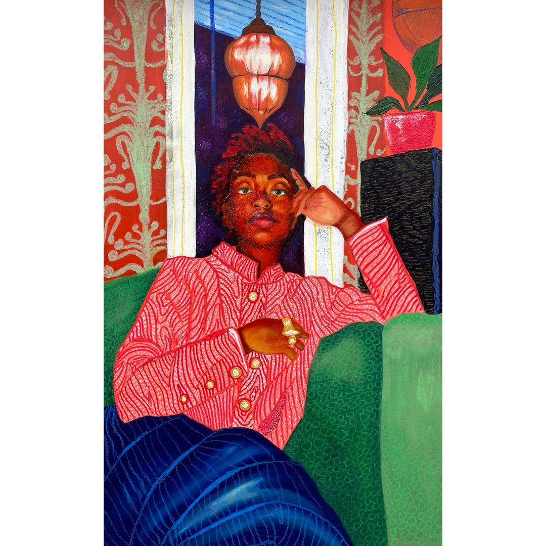 small black figure in clothes with bright color and pattern sitting on green couch with pattern, plants and wall paper decor interior in background with red green and pink