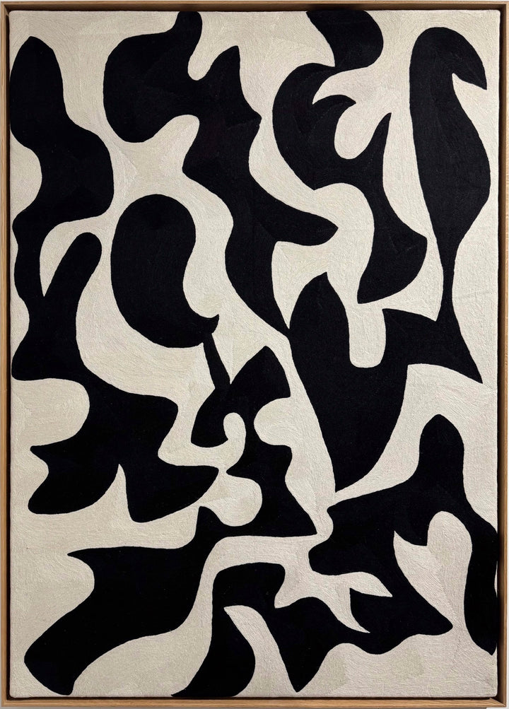 chain stitched textile embroidery abstract black and white negative space pattern shapes in wood frame
