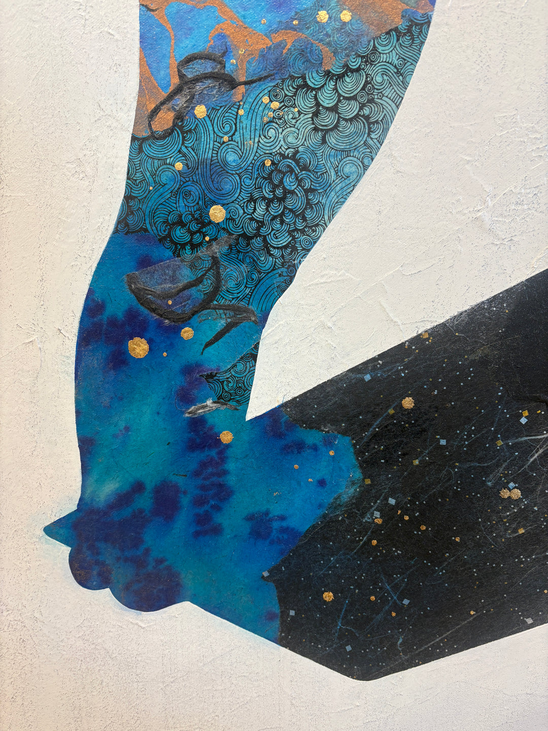 silhouette of girl on diving board arms up ready to jump in abstract expressionistic mixed media collage and painting on textured white background