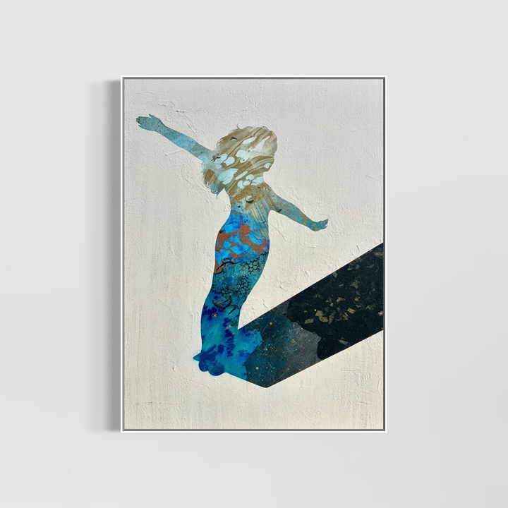 silhouette of girl on diving board arms up ready to jump in abstract expressionistic mixed media collage and painting on textured white background