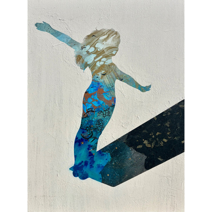 silhouette of girl on diving board arms up ready to jump in abstract expressionistic mixed media collage and painting on textured white background