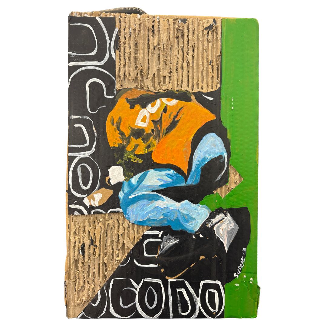 doc figure orange shirt blue jeans hunched over, acrylic painted on cardboard with black and white text, cardboard texture