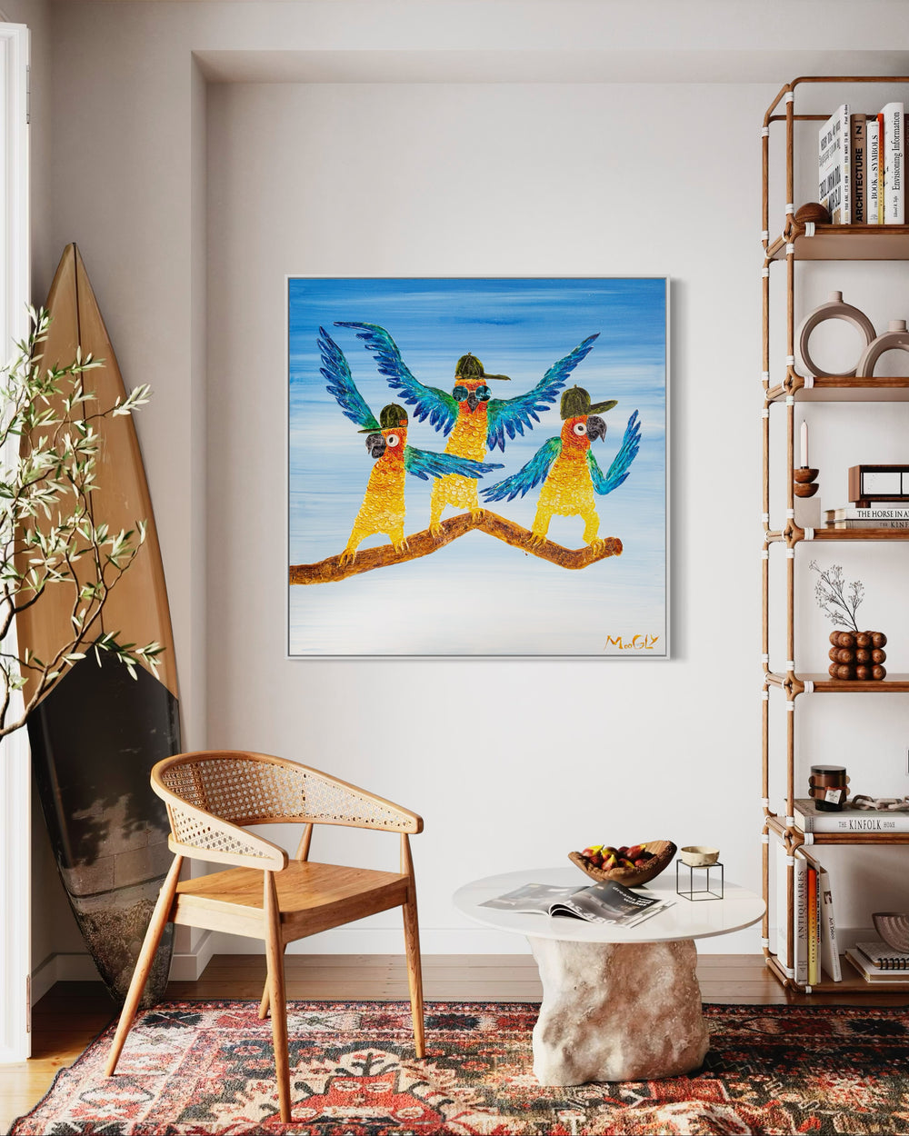 Acrylic 48" x 48" Dancers painting by Moogly. Brightly colored, fun and animated dancing parrots with hats and sunglasses on. Colors include blue, green, yellow and orange.