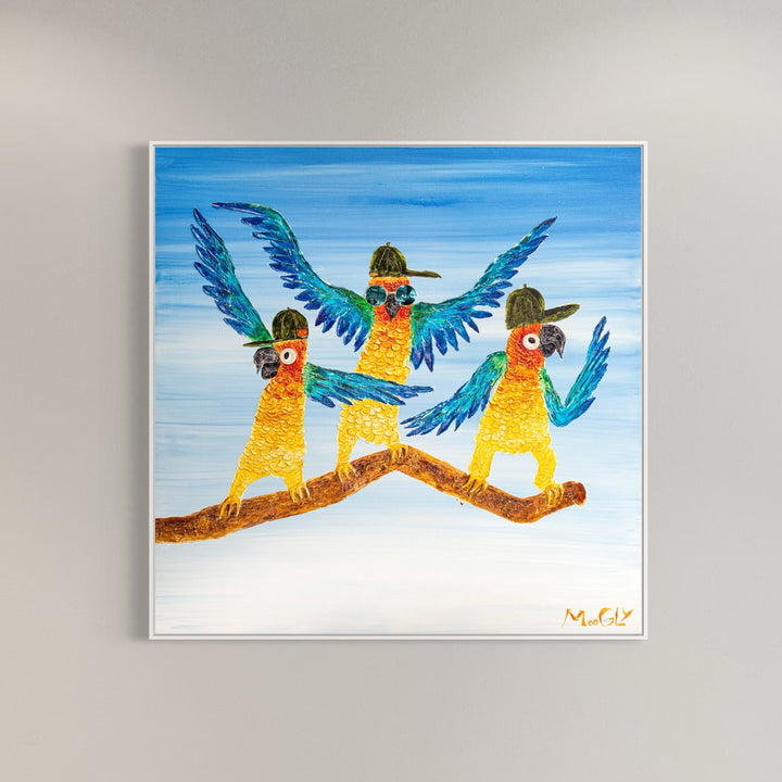 Acrylic 48" x 48" Dancers painting by Moogly. Brightly colored, fun and animated dancing parrots with hats and sunglasses on. Colors include blue, green, yellow and orange.