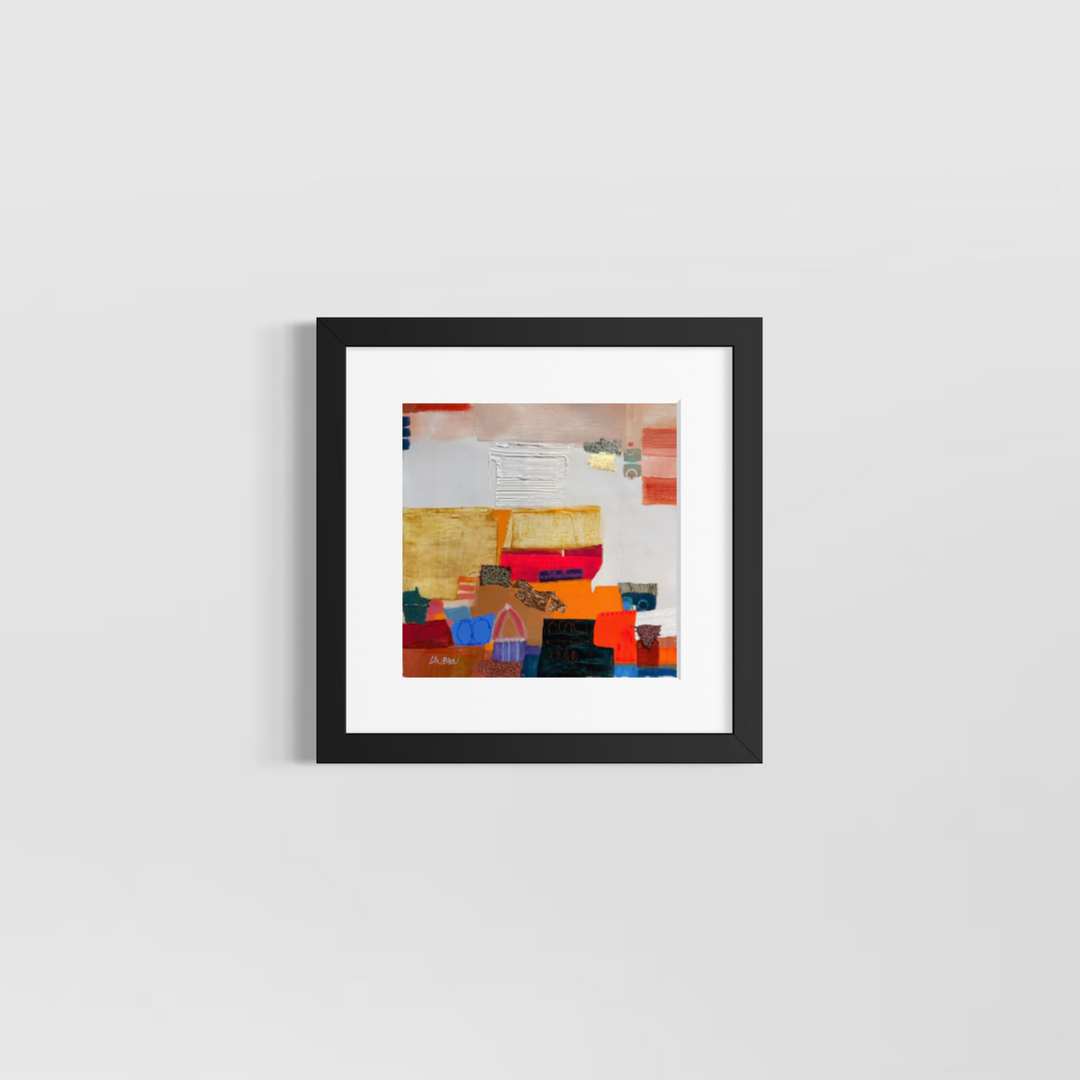 Lau Blou, Dans le souk, acrylic paint, fabric, and gold leaf on canvas, 10 x 10 inches, shown in a white 12 x 12 inch mat and black frame on a light grey wall. Abstract painting of mustard, orange, and red blocks on white.
