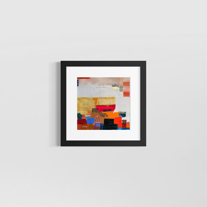 Lau Blou, Dans le souk, acrylic paint, fabric, and gold leaf on canvas, 10 x 10 inches, shown in a white 12 x 12 inch mat and black frame on a light grey wall. Abstract painting of mustard, orange, and red blocks on white.