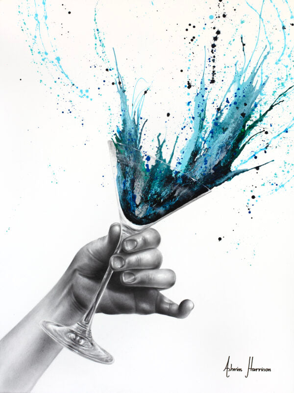 black and white grey hand in coconut charcoal realism with martini glass splatter blue and white paint expressionism ashvin harrison giclee